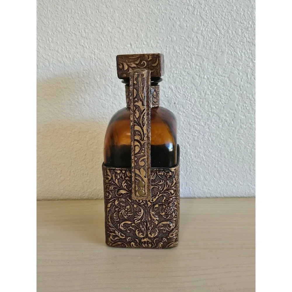 Vintage Amber Glass Decanter Bullfighter Flamenco Dancer Leather Embossed